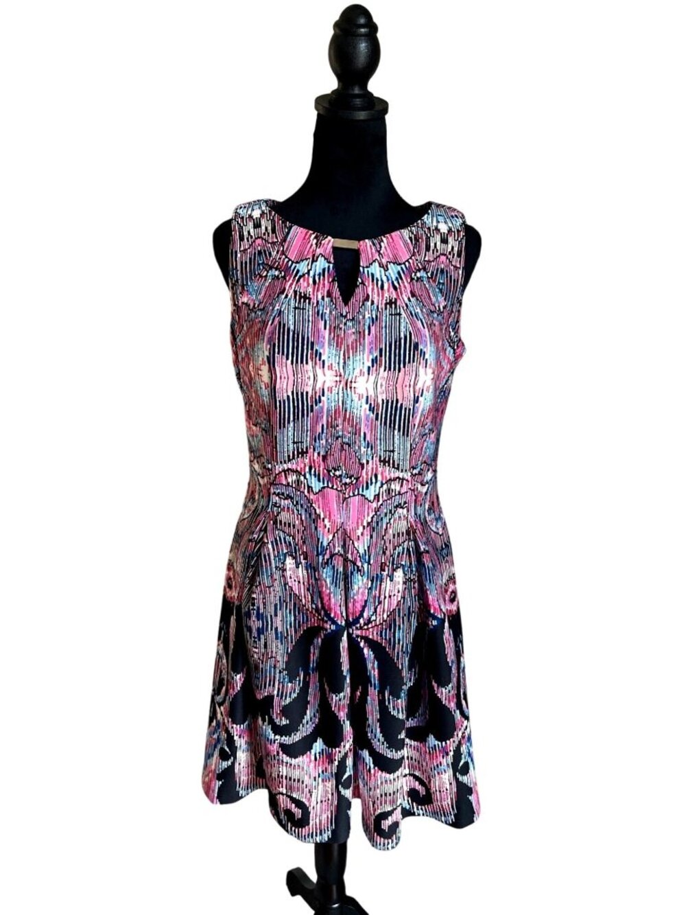 Roz & Ali Fit Flare A Line Midi Dress Sz 8 Sleeveless Multicolor Print Flowy